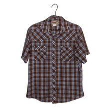 Men's Vintage Wrangler Western Pearl Snap Shirt Brown Blue Plaid Large