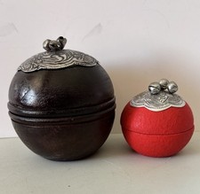 2 Handcrafted Mango Wood Thailand Round Trinket Boxe With Silver Metal And Bells