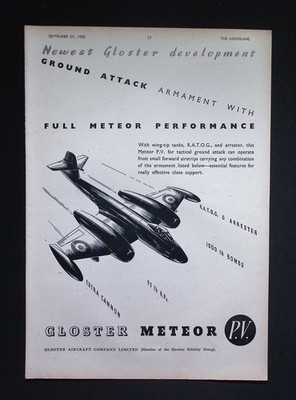 Original 1950 Reklame Gloster Meteor P.V. Bodenangriffsflugzeug