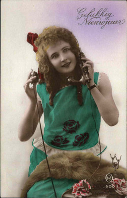 NEW YEAR HAND COLORED RPPC Beautiful Woman w Old Telephone RPPC