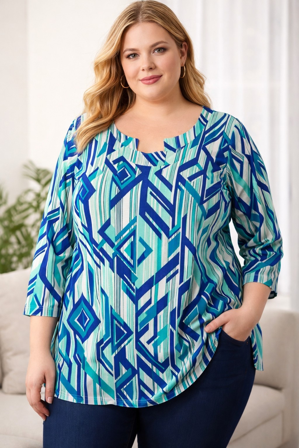 Kim Rogers Curvy 1X Geometric Top Blue Teal White 3/4 Sleeve Cotton Blouse Plus