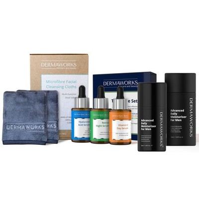 Herren Hautpflege Geschenkset Vitamin C, Retinol, HA Seren, Gesichtstücher & Feuchtigkeitscreme
