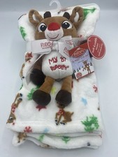 NWT Rudolph the Red-Nosed Reindeer Plush Baby Blanket Set Christmas Toy 30 x 34