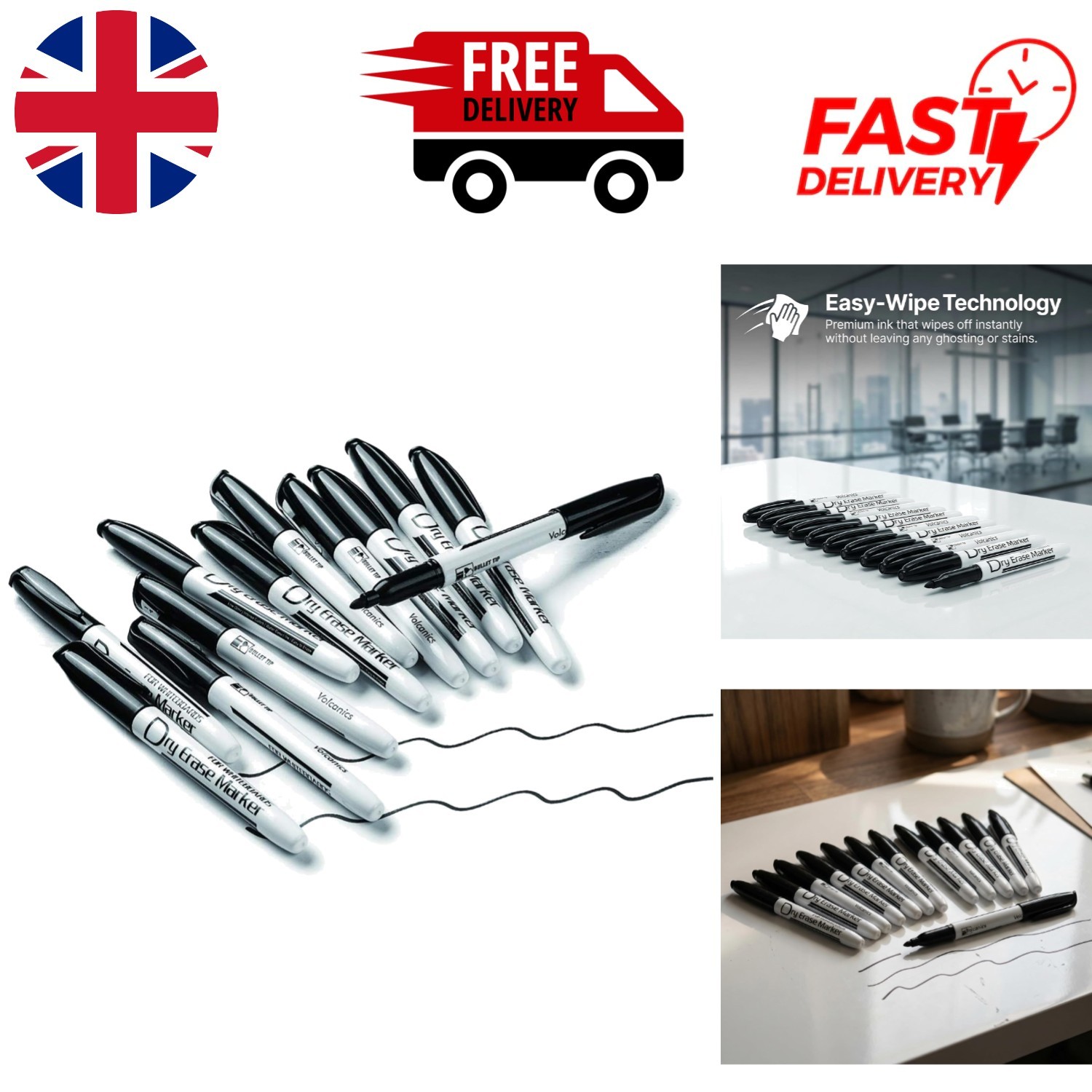Set of 12 Black Fine Tip Dry Erase Markers - Non-Toxic, Low Odor & Quick Dry