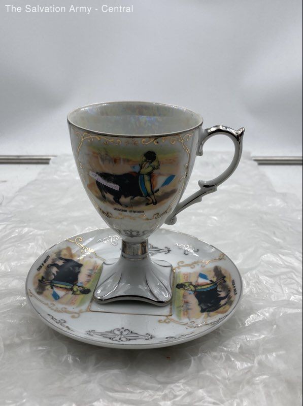 Multicolor Mexican Souvenir Pedestal Base Teacup And Saucer Set