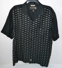 Nat Nast Shirt Men L Black 100 Silk Short Sleeve Camp Bowling Zig Zag Embroider