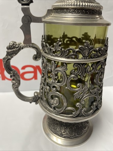 Vintage ASN, West Germany, grünes Glas im Gitterzinn Bierstein mit Deckel - D2 - Bild 4 von 24