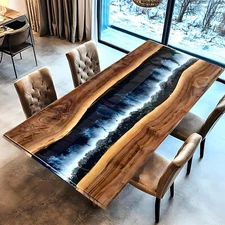 Custom Walnut Epoxy Forest Dining Table | Handcrafted Unique Wood Resin Dining T
