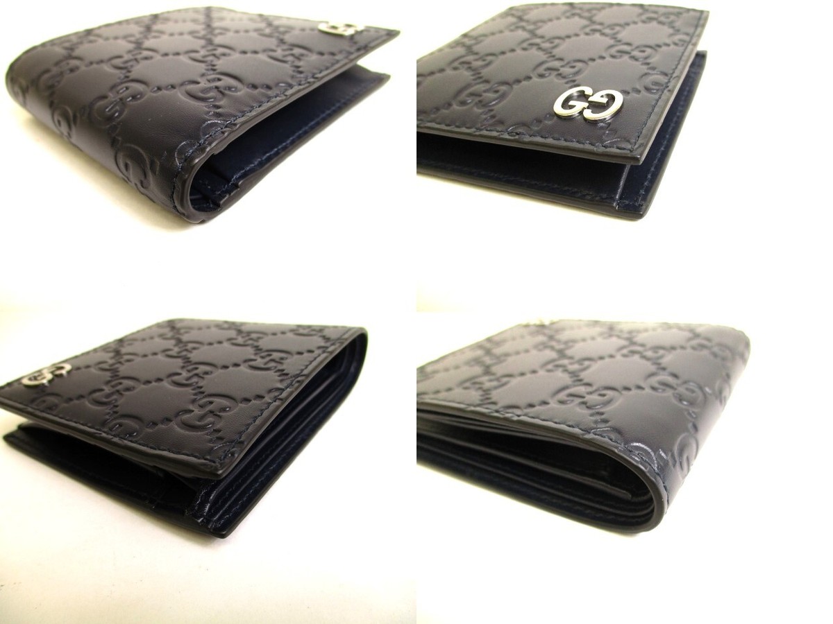 Auth GUCCI GG Metal Guccissima Navy Blue Signature Leather Bifold