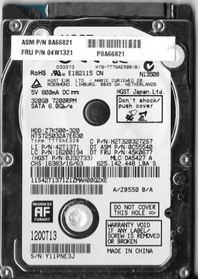 HGST HTS725032A7E630 320GB Sata Hard Drive P/N: 0J32733 MLC: DA5427