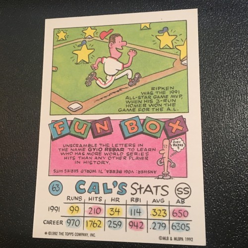 1992 Topps Kids Cak Ripken #63 Fun Box - Picture 2 of 2