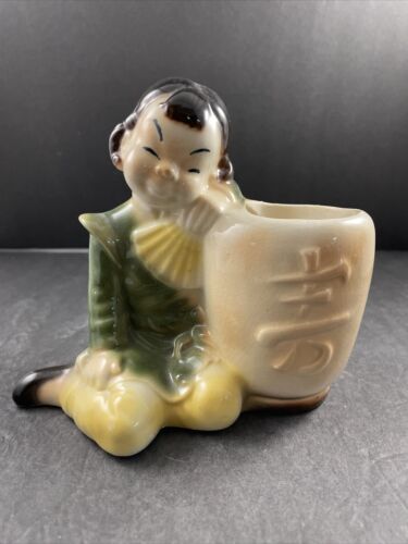 Vintage Royal Copley asiatisches Mädchen Übertopf grün gelb hellbraun