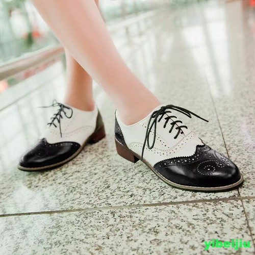 Women's Wingtip Lace Up Brogue Oxfords Low Heel Shoes Casual Leather Patchwork - Picture 11 of 11