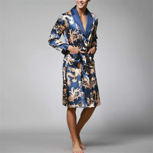 Men Satin Pajamas Robe Dragon Bathrobe Dress Gown Kimono Night Loungewear - Bild 13 von 20