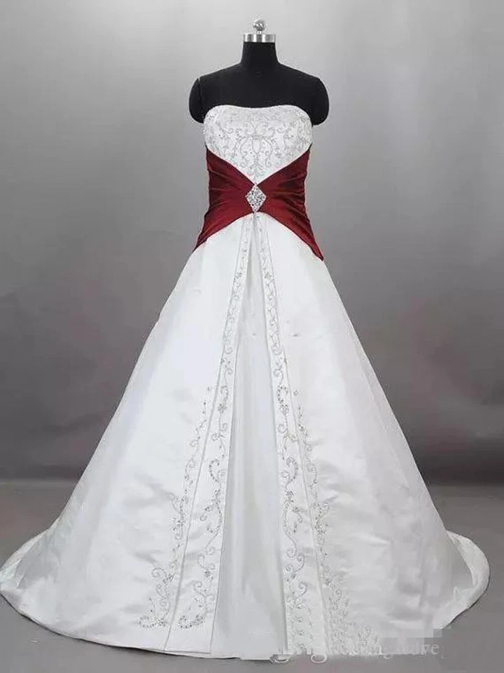 Винтажная вышивка свадебные платья атласное свадебное платье без бретелек белый бордовый  - Изображение 2 из 4