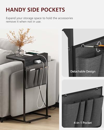 C Shaped End Table with Charging Station, Small Side Table for 1 Deep Gray - Picture 5 of 7