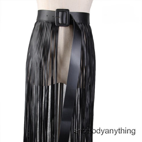 Lady Punk Tassel Skirt Waist Belt Faux Leather Waistband Long Fringe Gothic Belt - Picture 4 of 14