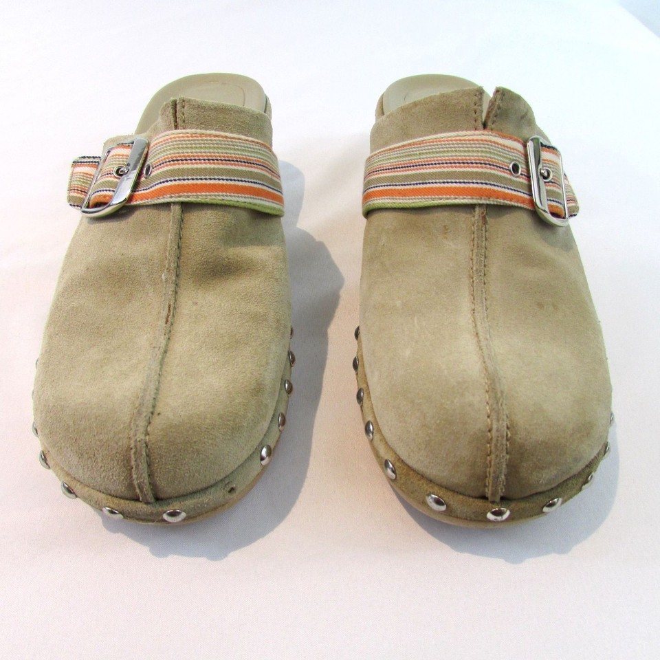 ECCO Tan Studded Suede Mules Clogs Shoes with Buckle Womens 88.5 / 39