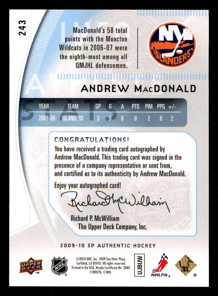 2009-10 SP Authentic #243 Andrew MacDonald AU RC /999 (ref 239860) - Image 2 of 2