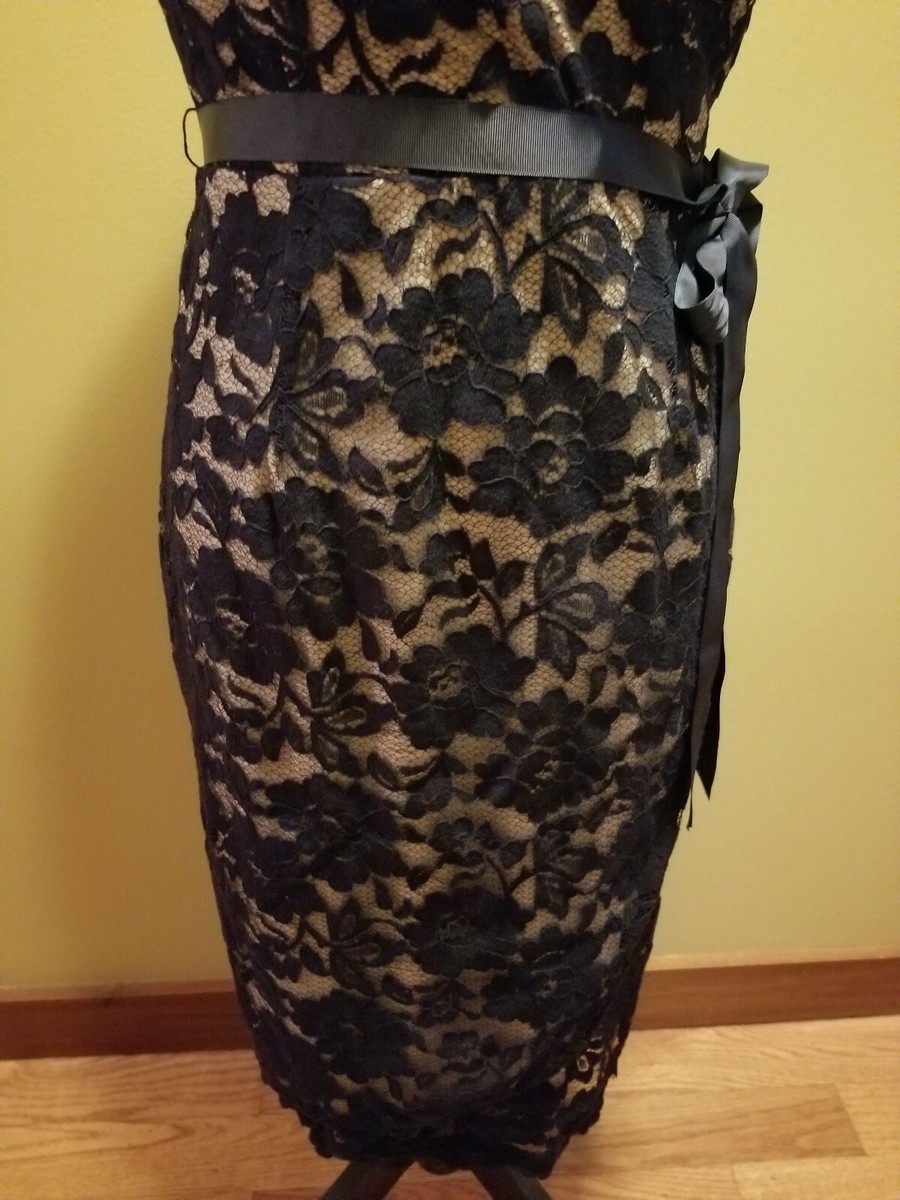 NWT Womens Marina Lace Floral Faux Wrap Dress Navy Blue Tan Sleeveless  Lined 8 | eBay