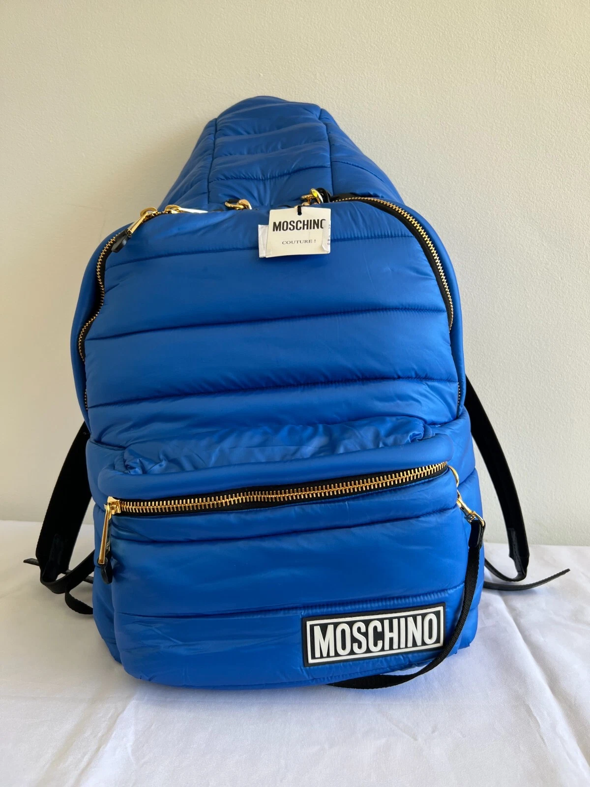 Zaino blu AW20 Moschino Couture Jeremy Scott OVERSIZE con cappuccio attaccato