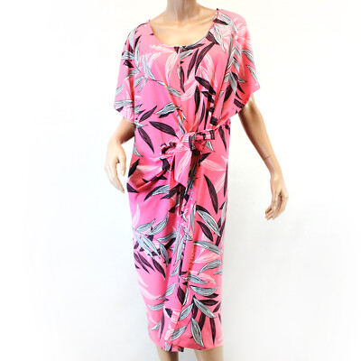 Catherines Plus Pink Leave Print Belt Midi Dress 4X 30/32