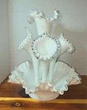 VTG Fenton Silver Crest 4 Horn Epergne, 5 pc set. Large, 14" Tall (GBR RH.CC)