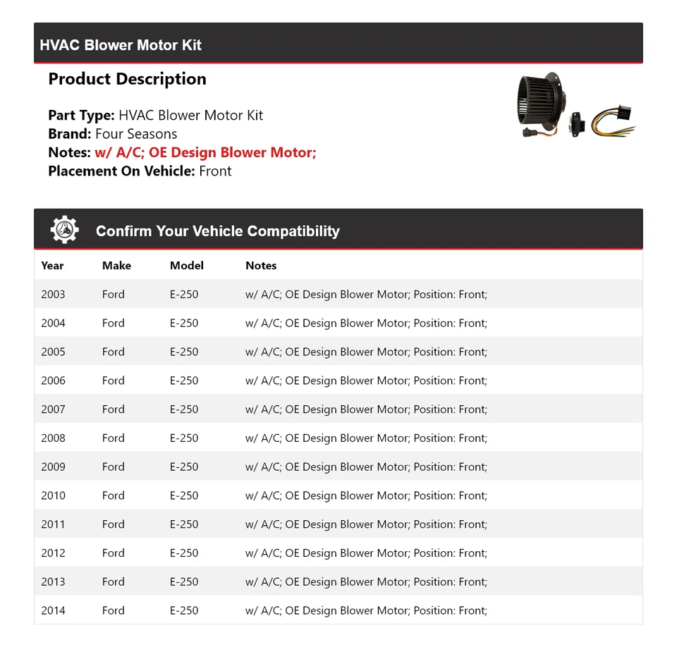 For 2003-2014 Ford E-250 HVAC Blower Motor Kit Front 4 Seasons 2004 2005 2006 - Image 2 of 3