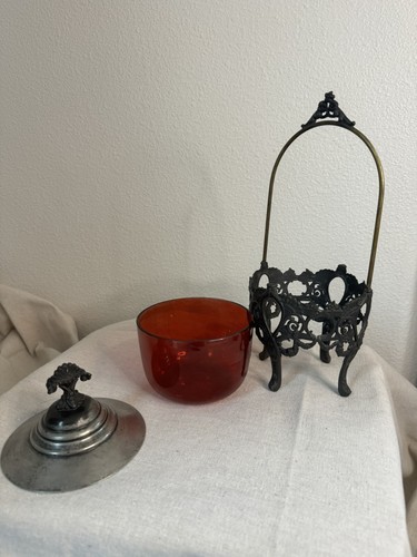 Vintage Cast Metal Footed Red Glass Sugar Castor Ornate Floral & scroll details - Picture 6 of 8