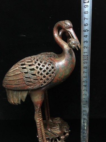 14,6 Zoll altes antikes tibetisches Buddhismus Tempelpaar Bronze vergoldet Kranich Räuchergefäß - Bild 5 von 9