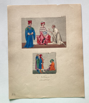 Antique Joseph Strutt Engraving Print renaissance fashion noblemen of 14th centu