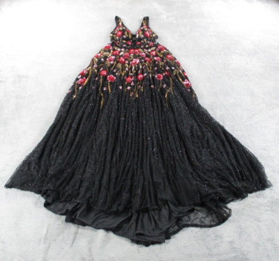 Primavera Womens 4 Couture Formal Dress Long Beaded Black Floral Prom Dress GUC