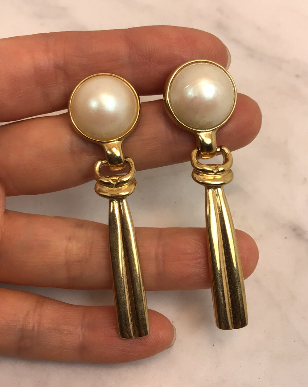 Vintage GIVENCHY Gold Tone Faux Pearl Dangle Pierced Earrings | eBay