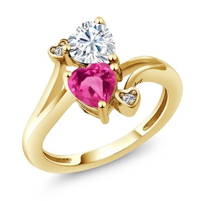 18K Yellow Gold Plated Silver White Moissanite Pink Created Sapphire and