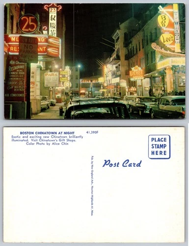 Vintage Boston Chinatown Night Postcard - Neon Signs, 1950s Cars, Alice Chin