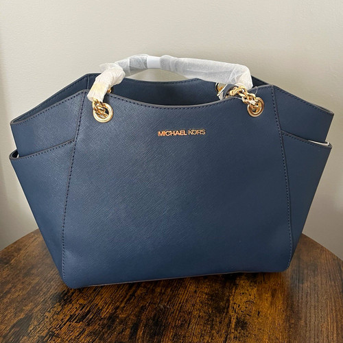 Michael Kors Jet Set Travel Large Navy Tote Chain Logo Gold Hardware Zip