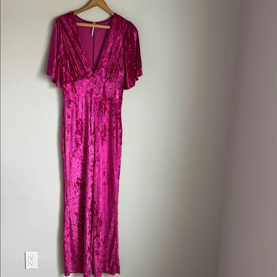 Free People Night Fever Fuchsia Velvet Jumpsuit Size Small - Image 2 of 4