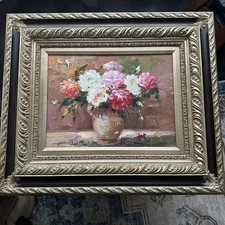 Expressionist Peony Bouquet Oil Painting Heavy Impasto Ornate Frame Art Signed