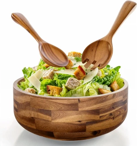 12" Salad Bowl Set with 2 Wooden Hands - Large Acacia Wood Serving Bowl with