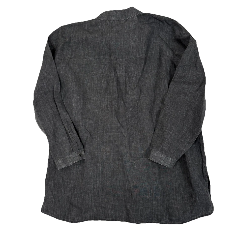 Eileen Fisher 亚麻经典领方格衬衫女式大号灰色黑色纽扣 — 第 3/4 张图片