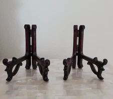 Vintage Pair of Small Chinese Dragon Carved Rosewood Easel Display Stands 3" H