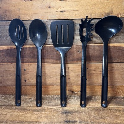 Tupperware Series E Lot of 5 Black Nylon Utensils Spatula~Spoons~Ladle~Scoop