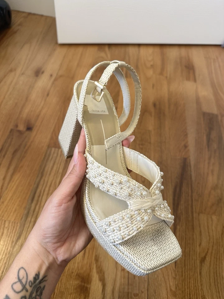 Dolce Vita Aries Vanilla Woven Pearl Ankle Strap Platform High Heel Sandals - Image 4 of 4