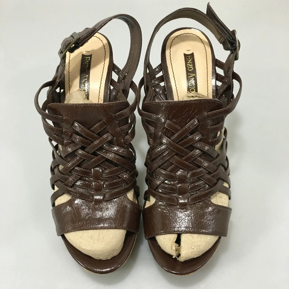 Enzo Angiolini 9 M Muffin Brown Patent Leather 5" Wedge Sandals Slingback - Image 2 of 4
