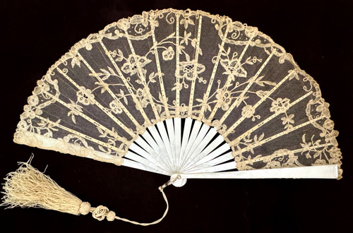 Antique Brussels Lace Fan with Pearl Sticks & Silk Tassel A299