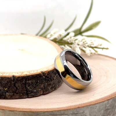 8mm Silver Tungsten Band Gold Center Domed Edge Durable Ring For Christmas Gifts