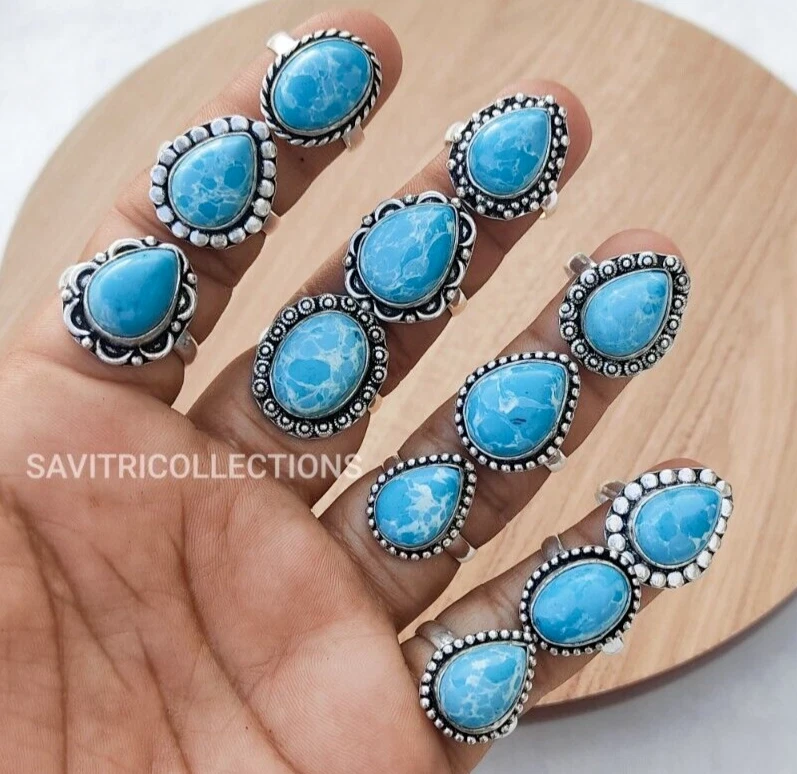 Larimar Stone Mix Design Wholesale Ring Silver Plated Handmade Bulk Jewelry Sale - Image 2 of 4