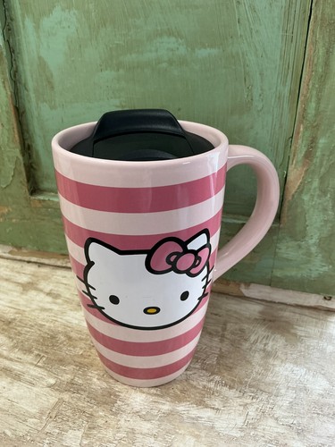 Brand New Sanrio Hello Kitty 16oz Travel Coffee Mug with Lid – Pink Stripes - Picture 7 of 8