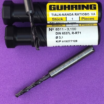 GUHRING 8511-3,1 Solid Carbide Coolant Fed Twist Drill WN R-RT1 3.1mm Machinist