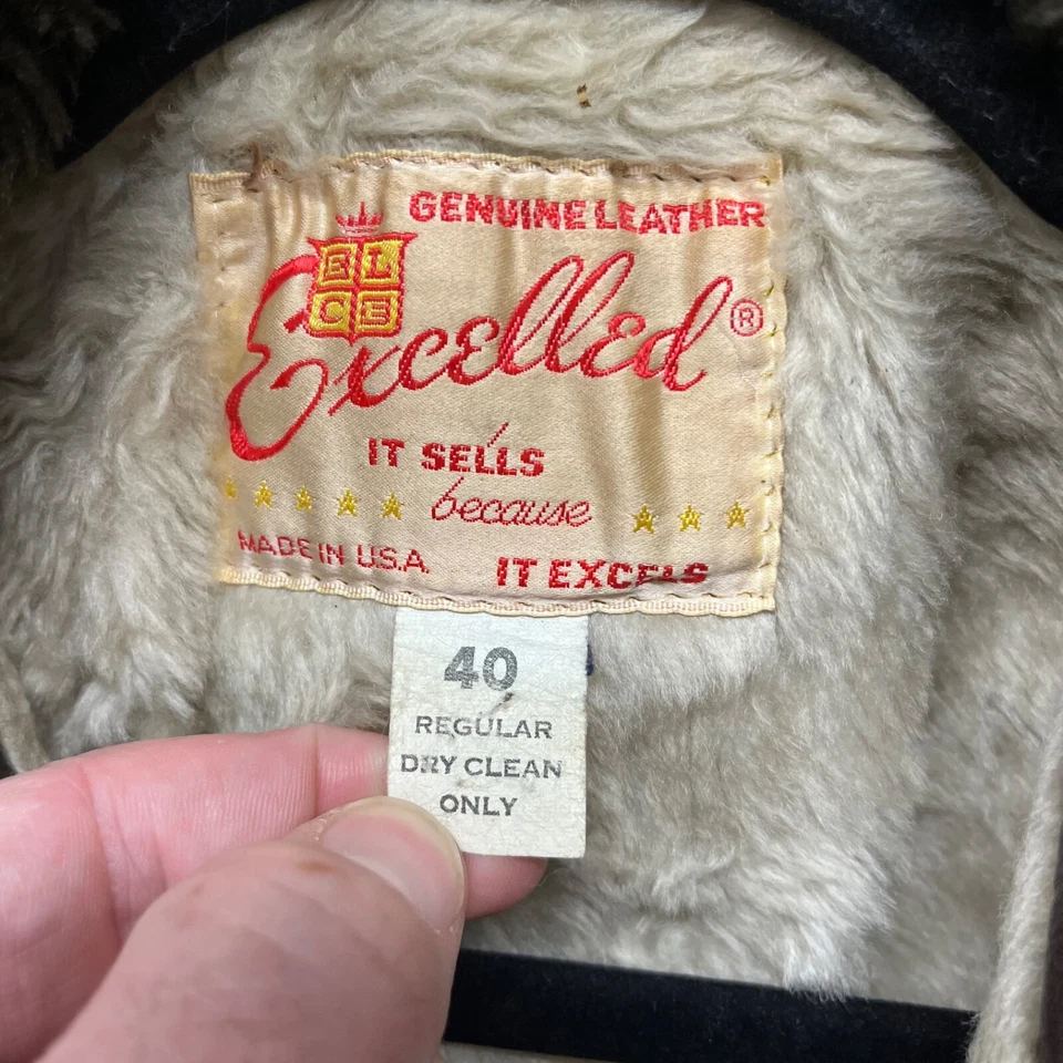 Vtg Excelled Leather Jacket Mens 40 Brown Bomber Faux Fur Collar Aviator Pilot - Image 3 of 4